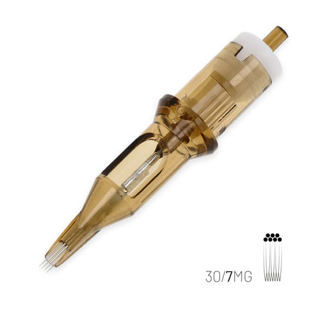 Tattoo needle cartridge with '30/7 MG' text on a white background